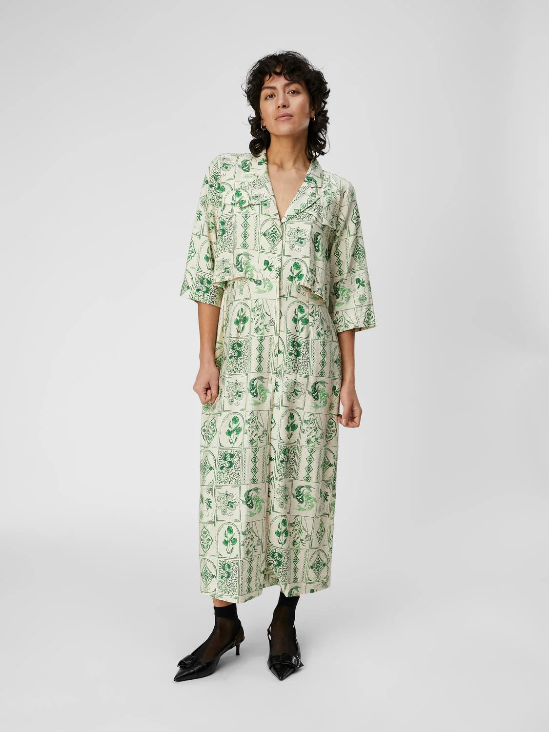 NELI LONG SHIRT DRESS (SANDSHELL/VIBRANT GREEN) - Image 2