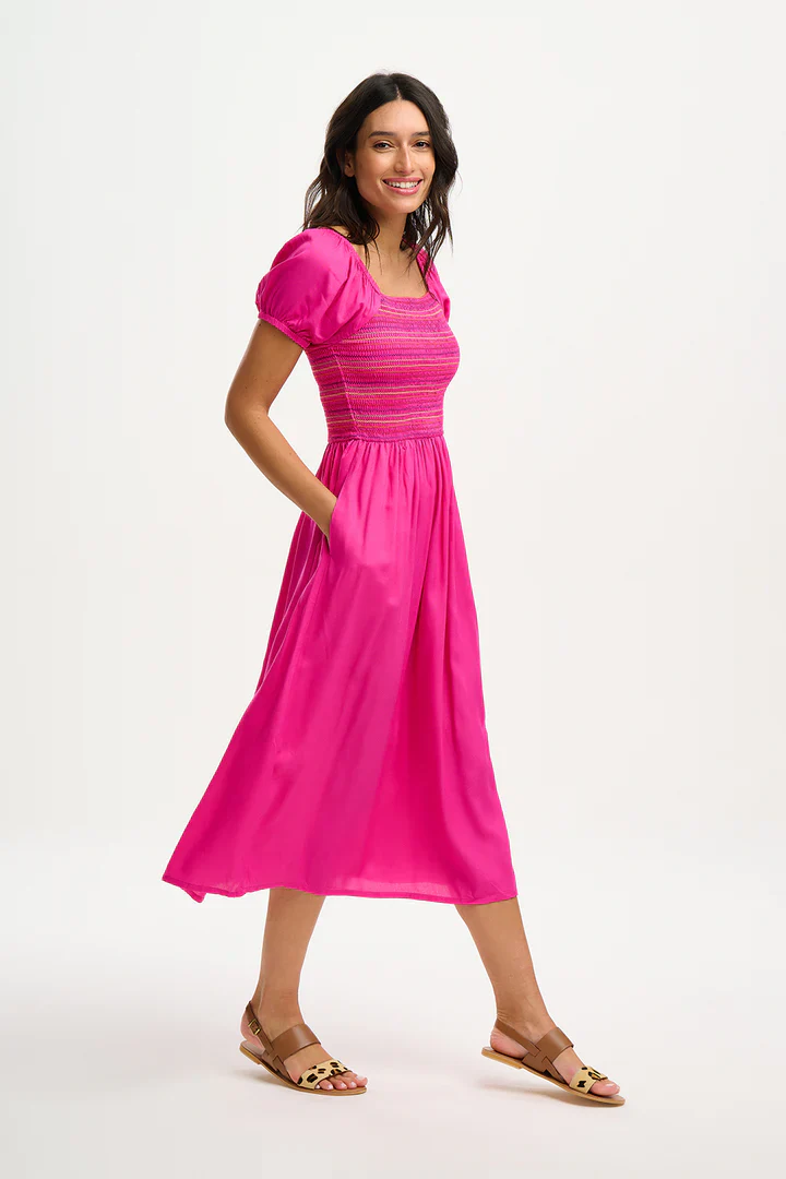 Octavia Midi Shirred Dress (Dark Pink Rainbow Shirring) - Image 2