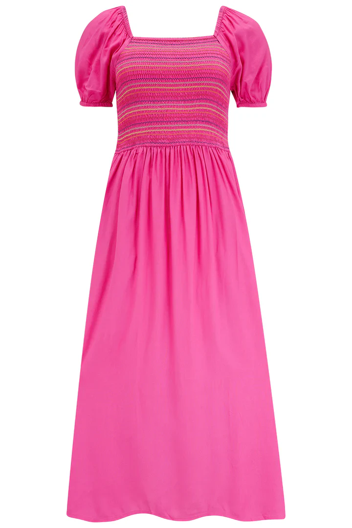 Octavia Midi Shirred Dress (Dark Pink Rainbow Shirring) - Image 7