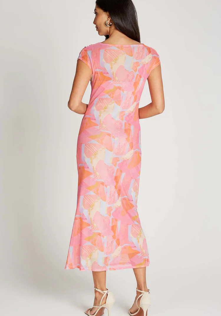 Paulette Print Mesh Midi Dress (Pink) - Image 4