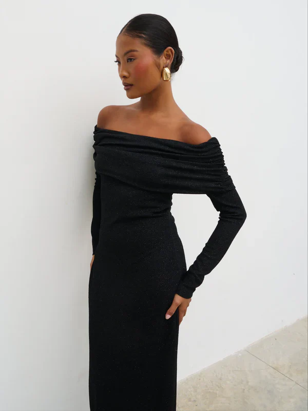Perrie Bardot Jersey Dress (Black) - Image 5