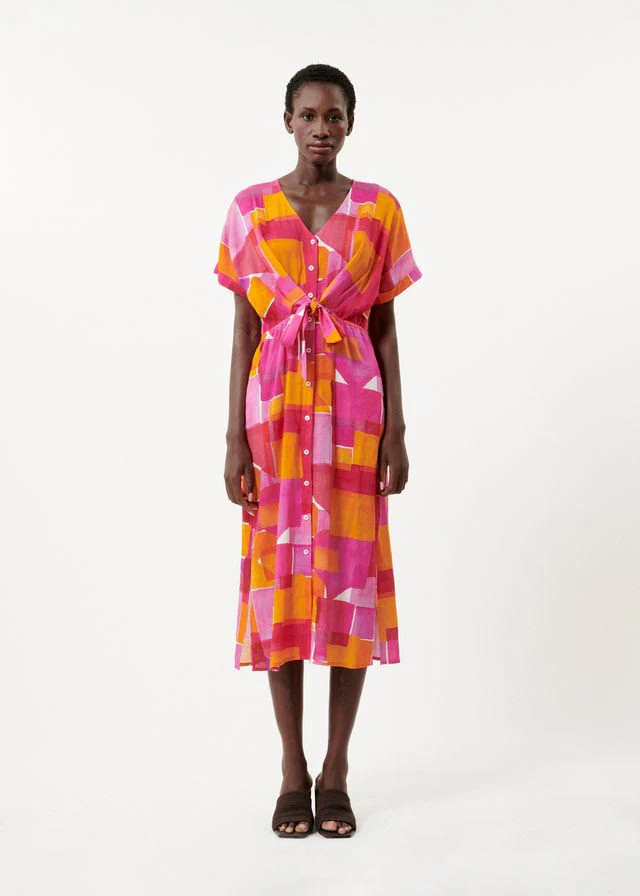 Perrine Short Sleeve Button Dress (Geo Pink) - Image 2