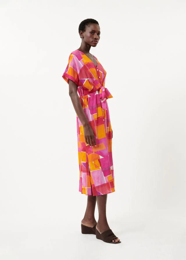 Perrine Short Sleeve Button Dress (Geo Pink) - Image 3