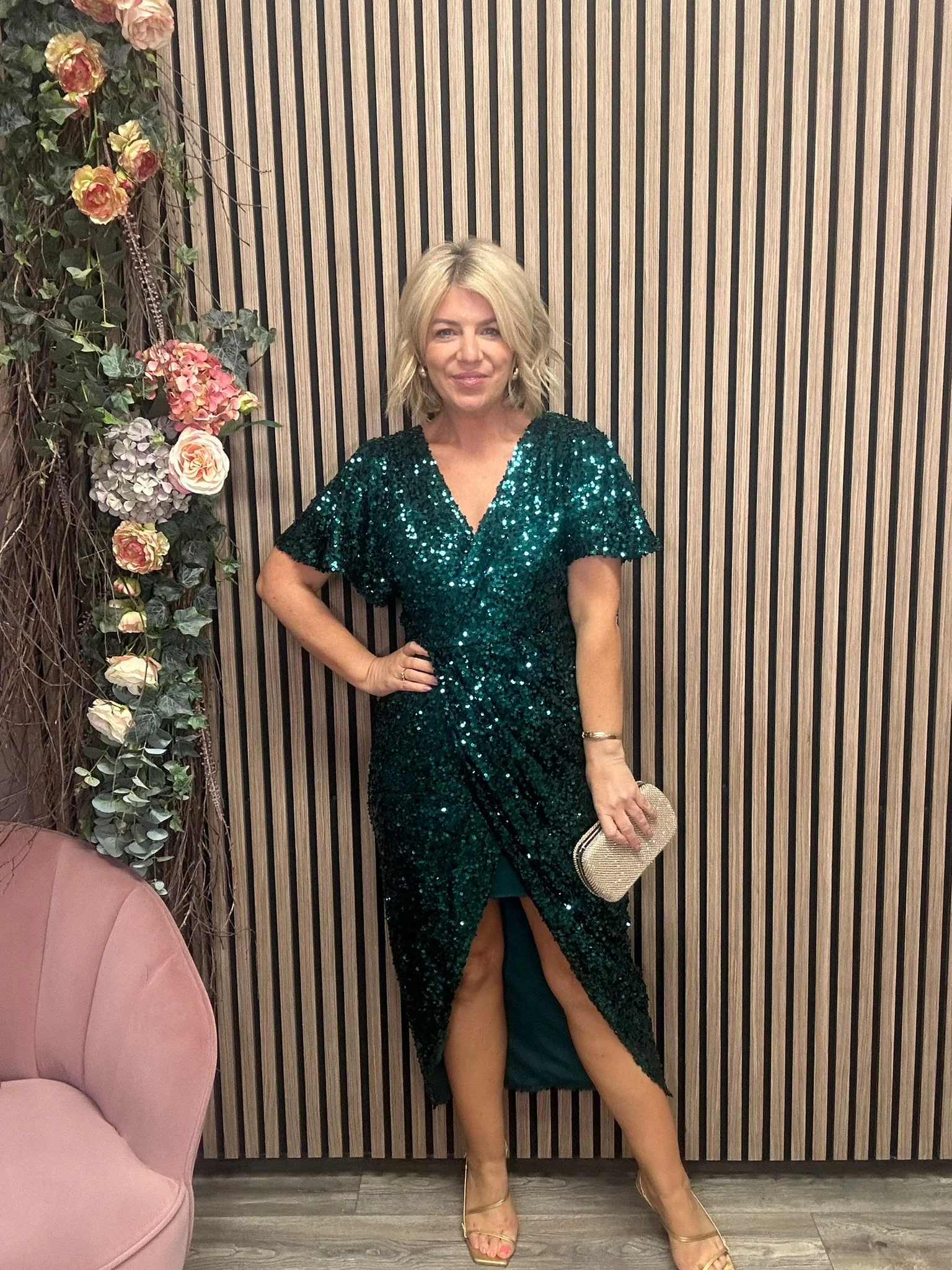 Preslee Sequin Wrap Over Dress (Emerald) - Image 2