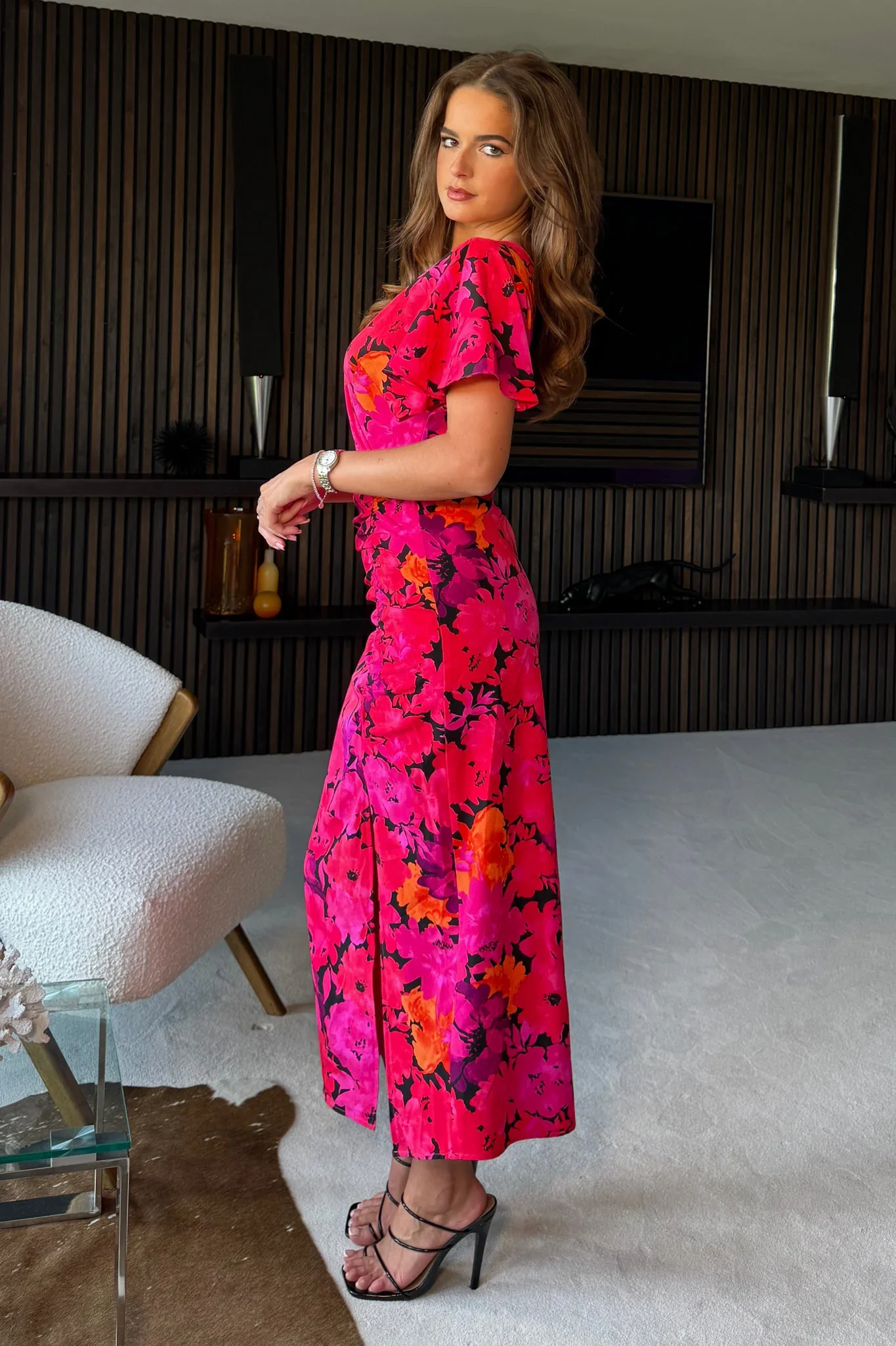 Priscilla Wrap Over Ruched Midi Dress (Pink Floral) - Image 2
