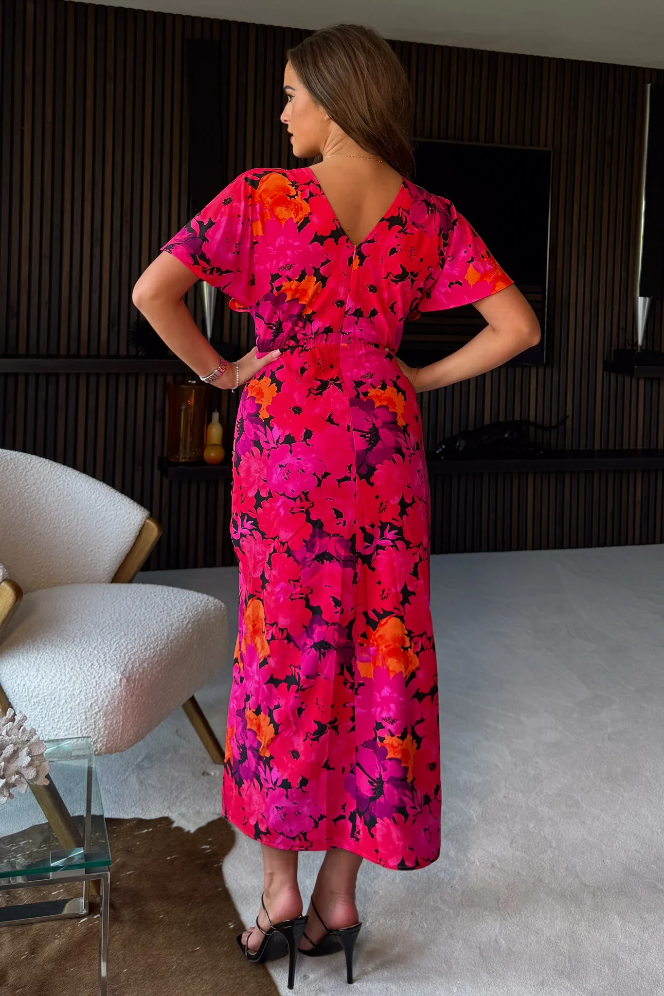 Priscilla Wrap Over Ruched Midi Dress (Pink Floral) - Image 4