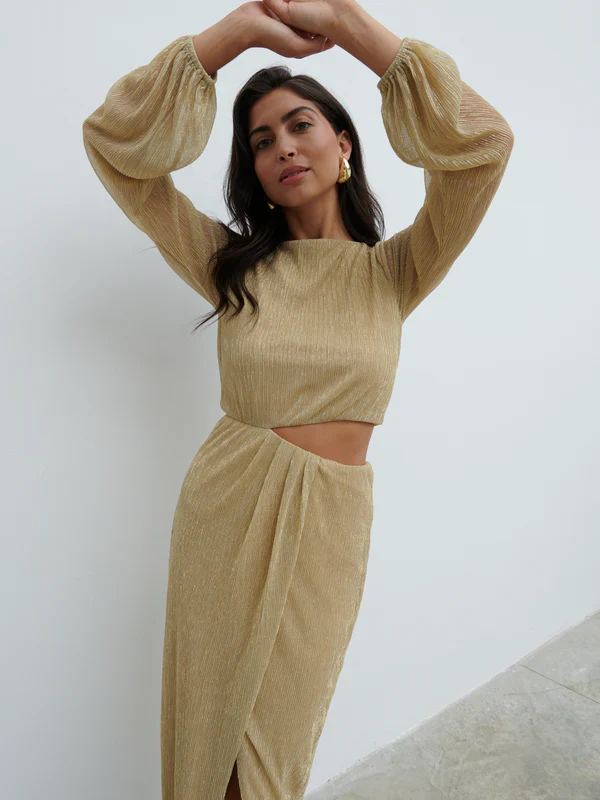 Rae Long Sleeve Cut Out Maxi Dress (Metallic Gold) - Image 2