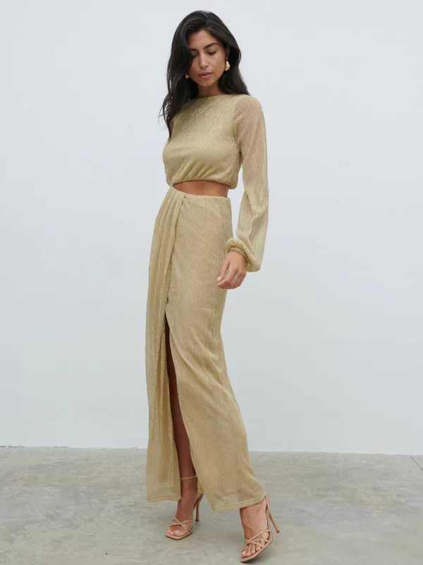 Rae Long Sleeve Cut Out Maxi Dress (Metallic Gold) - Image 3