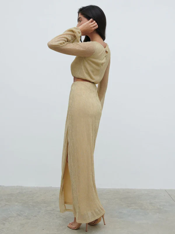 Rae Long Sleeve Cut Out Maxi Dress (Metallic Gold) - Image 4