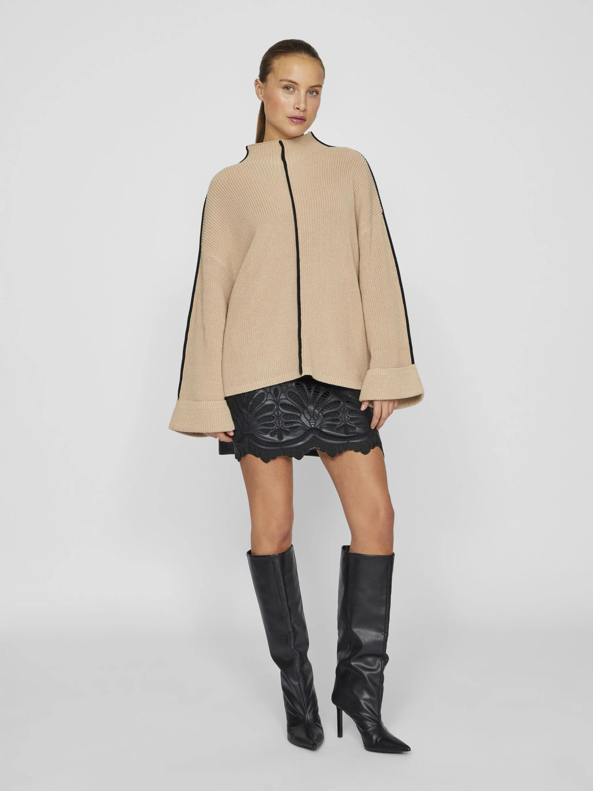 Reanne Funnel Neck Jumper (Savannah Tan/Black) - Image 2
