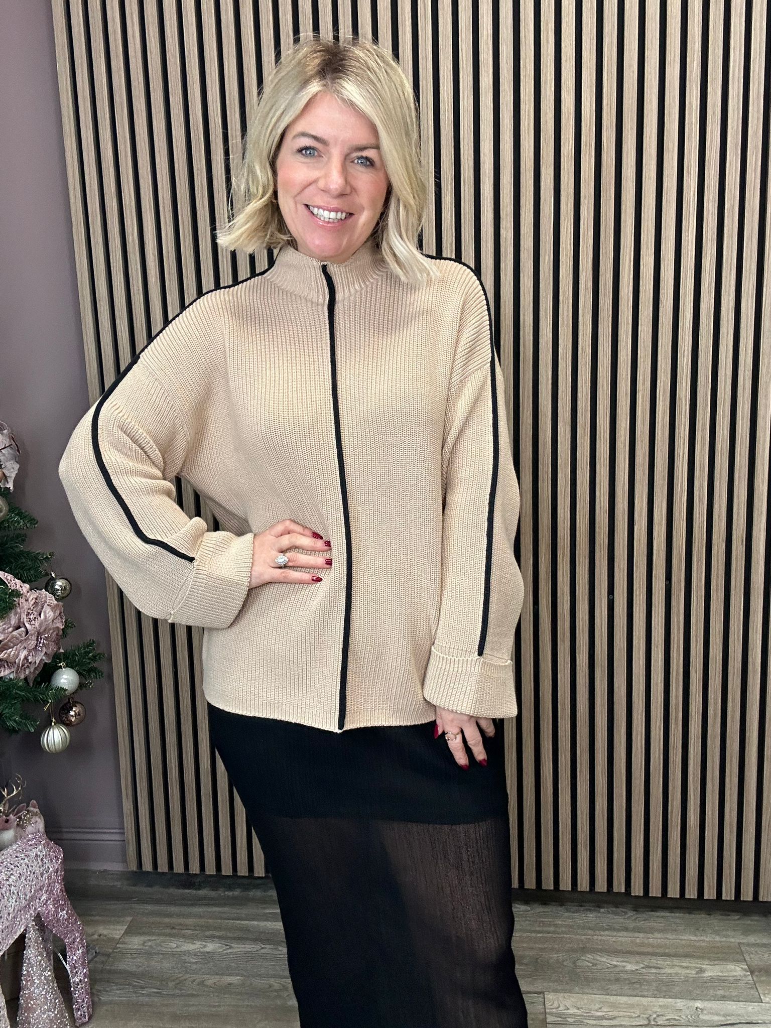 Reanne Funnel Neck Jumper (Savannah Tan/Black) - Image 6