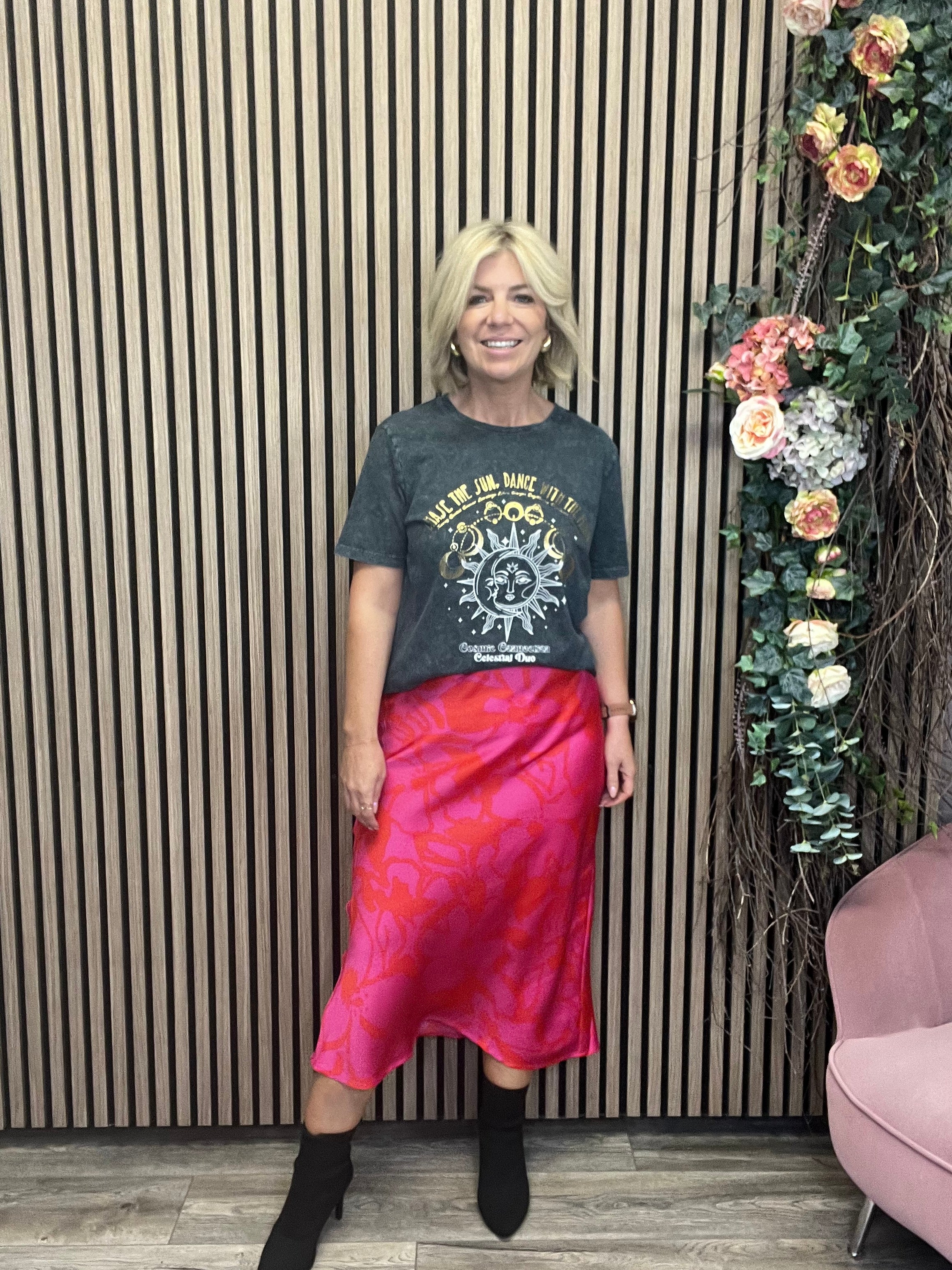 Renzo Midi Slip Skirt (Red on Pink) - Image 2
