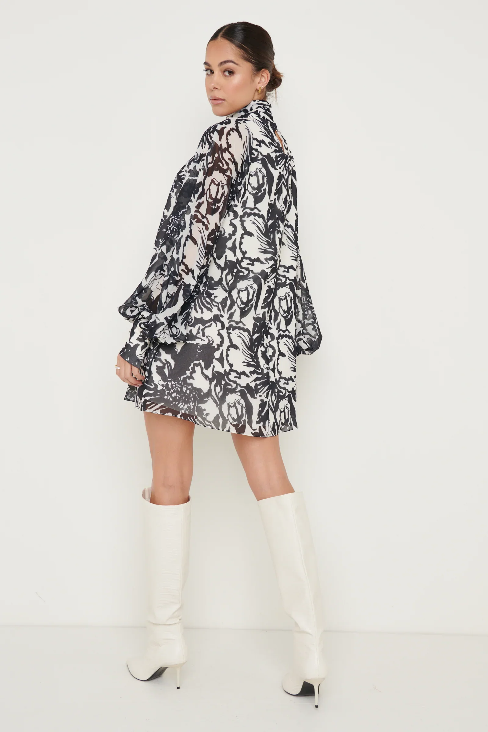 Romy Chiffon Mini Dress (Monochrome Floral) - Image 2
