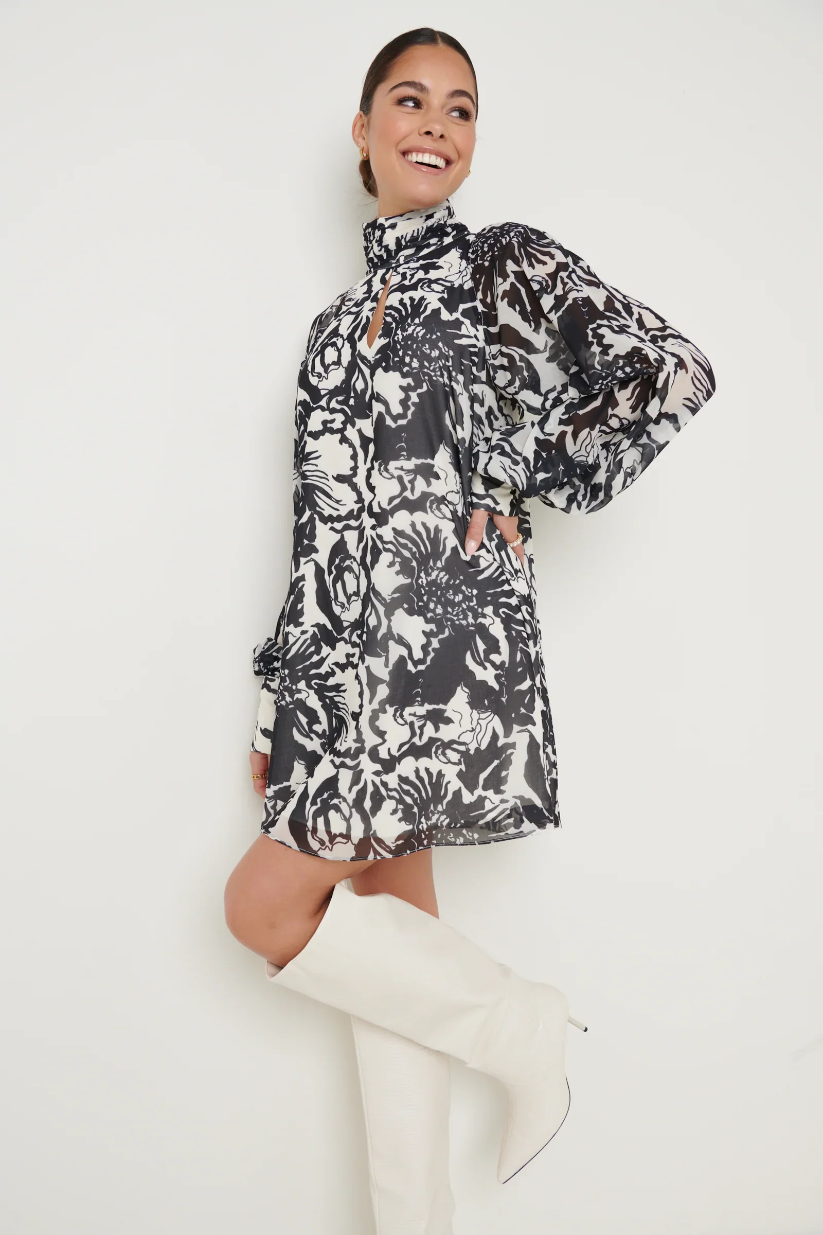 Romy Chiffon Mini Dress (Monochrome Floral) - Image 3