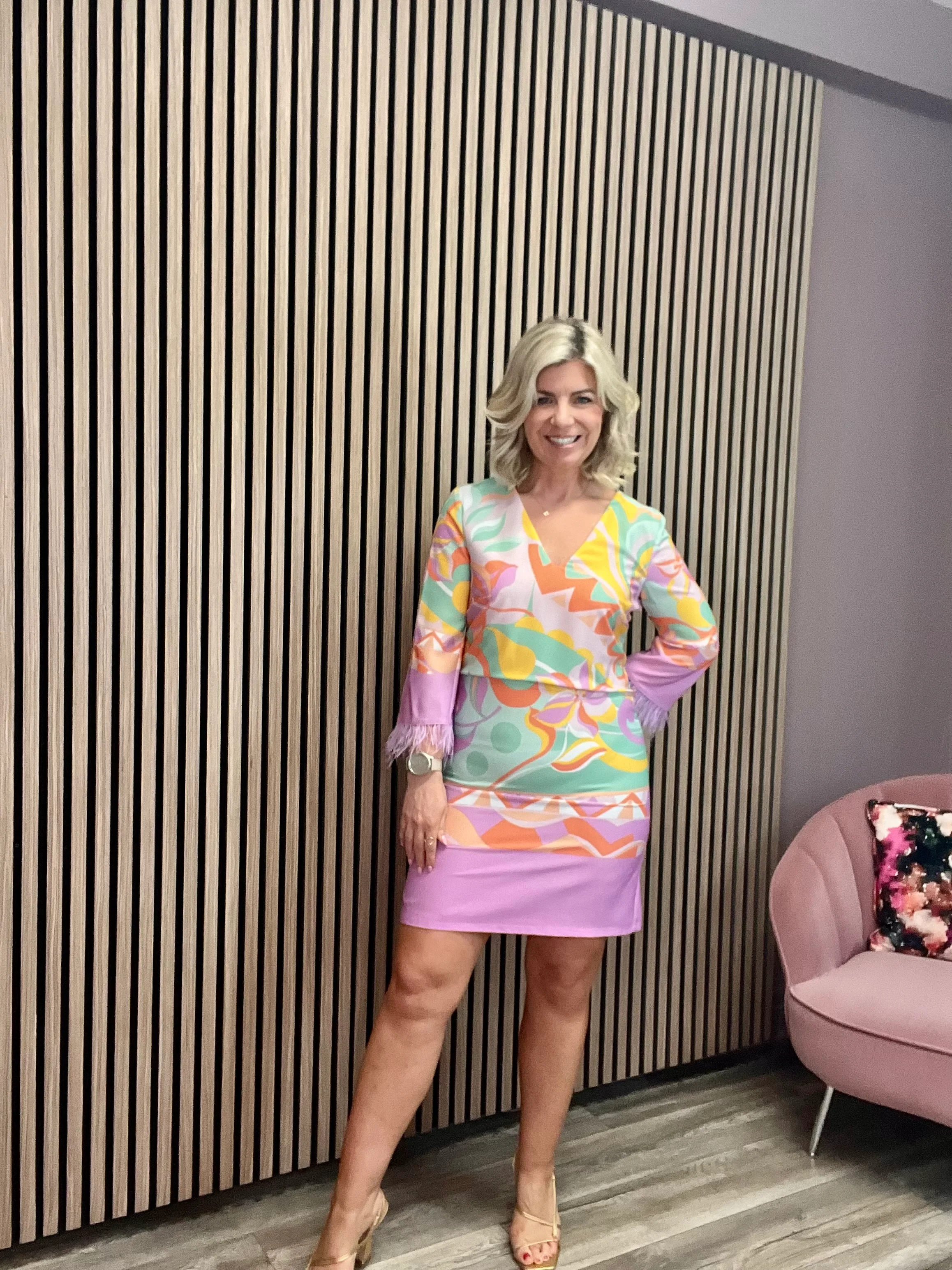 Sameto Feather Trim Dress (Multi) - Image 2