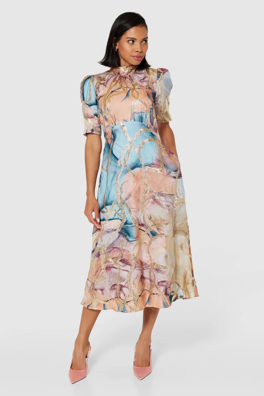 SANDRA A-LINE TIE BACK MIDI DRESS (BLUSH) - Image 2