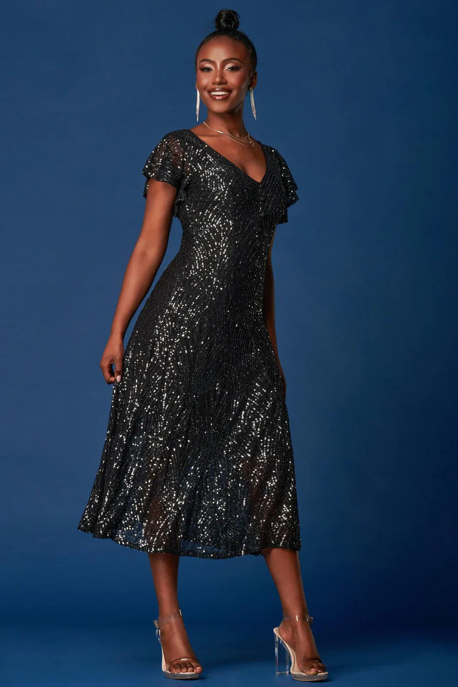 SEQUIN FIT & FLARE MAXI DRESS (BLACK) - Image 4