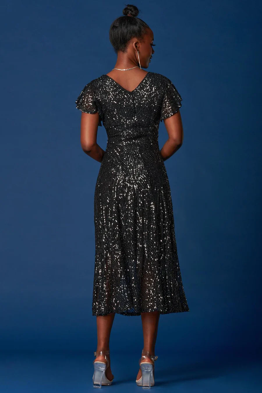 SEQUIN FIT & FLARE MAXI DRESS (BLACK) - Image 7
