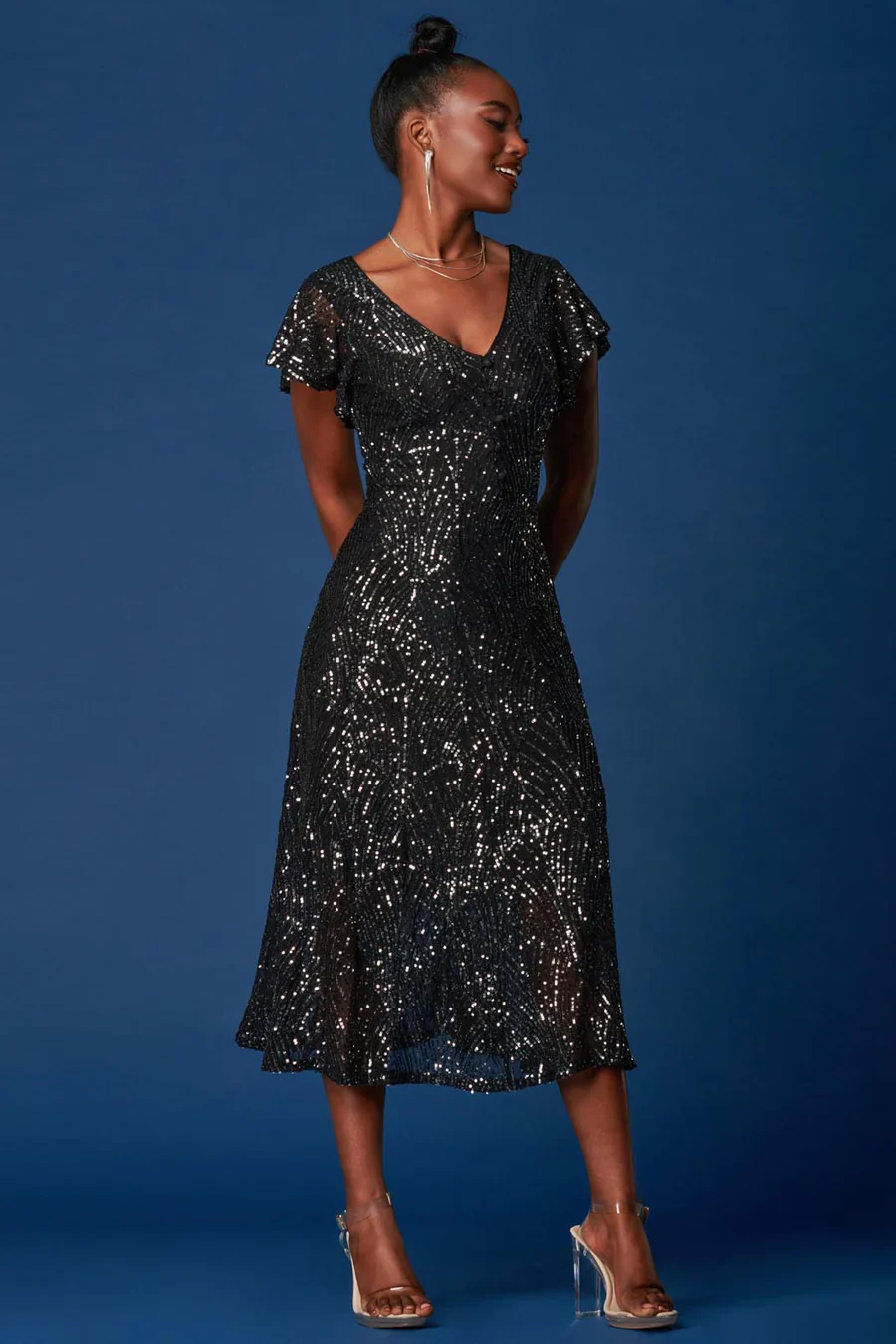 SEQUIN FIT & FLARE MAXI DRESS (BLACK) CURVE - Image 2