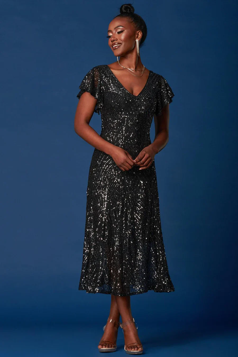 SEQUIN FIT & FLARE MAXI DRESS (BLACK) CURVE - Image 3