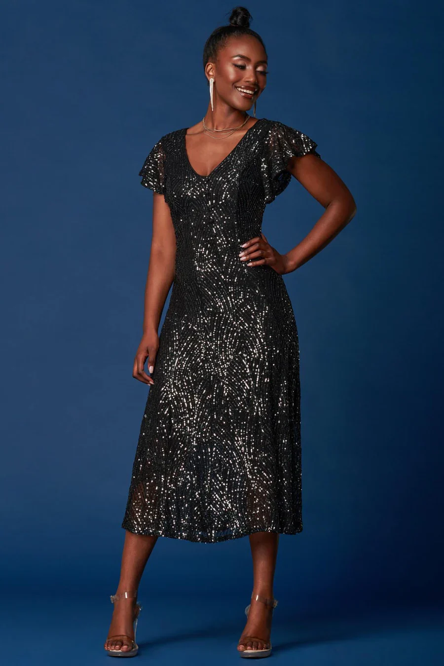 SEQUIN FIT & FLARE MAXI DRESS (BLACK) CURVE - Image 5
