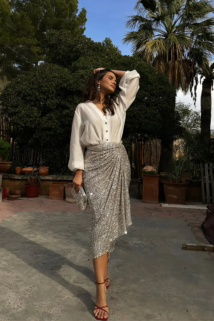 Sequin Maxi Wrap Jaspre Skirt (Silver) - Image 4