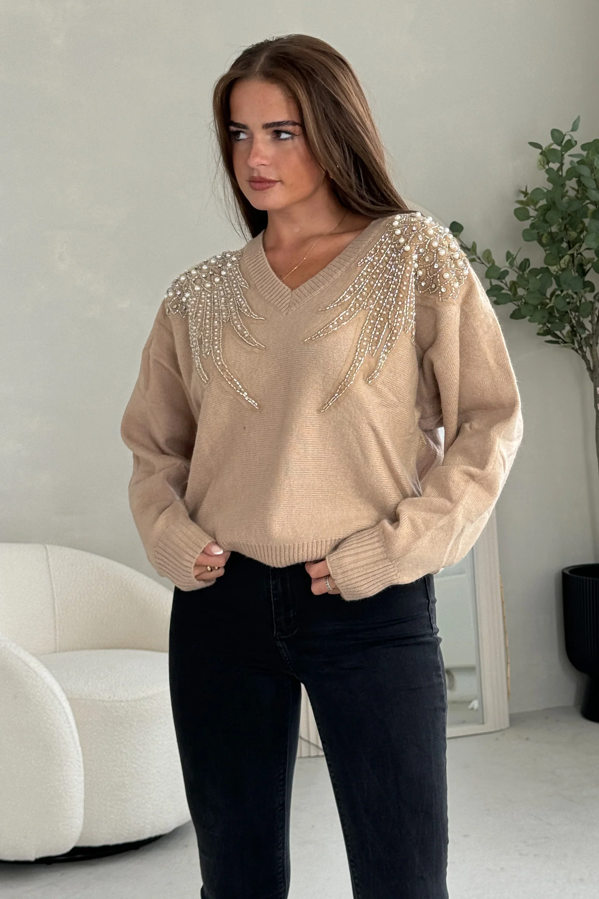 Sia Pearl & Sequin Jumper (Camel) - Image 2