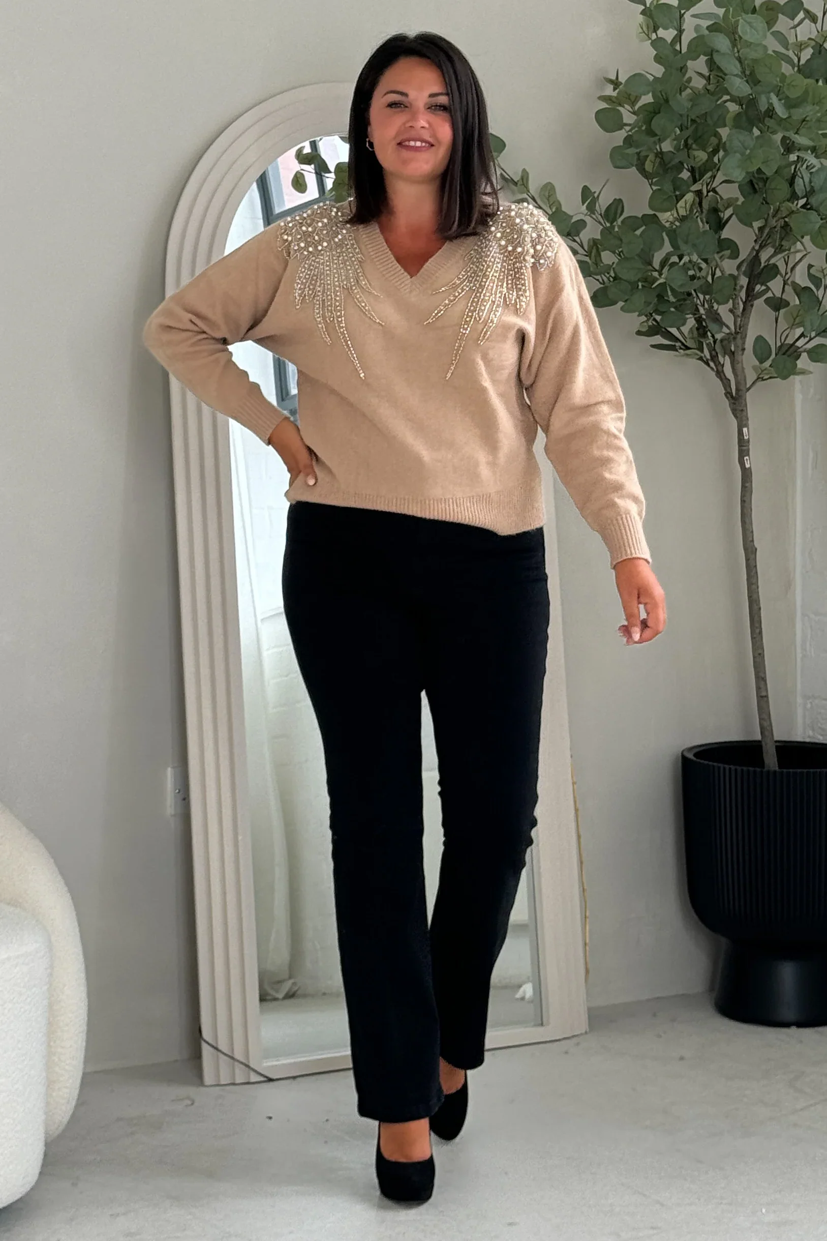Sia Pearl & Sequin Jumper (Camel) - Image 4