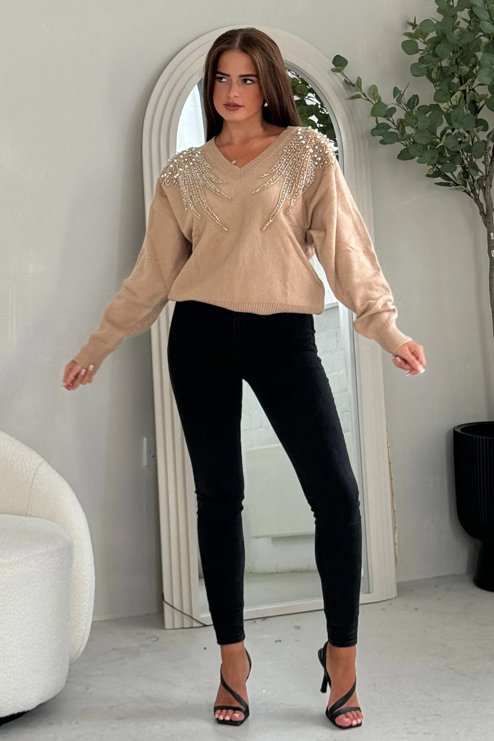 Sia Pearl & Sequin Jumper (Camel) - Image 5