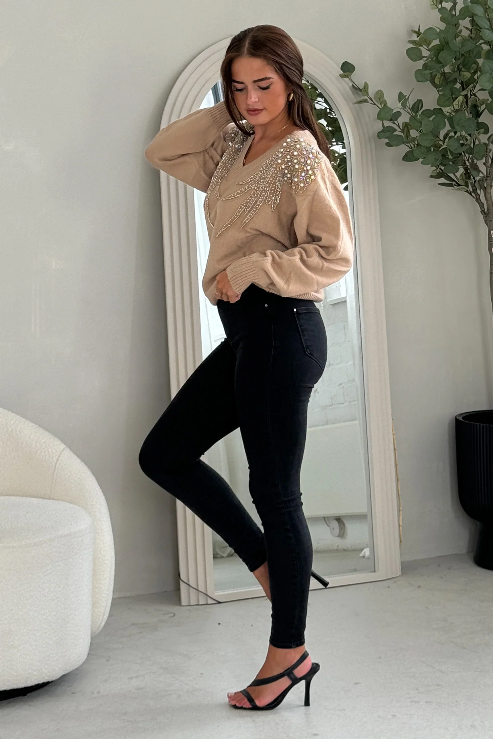 Sia Pearl & Sequin Jumper (Camel) - Image 6