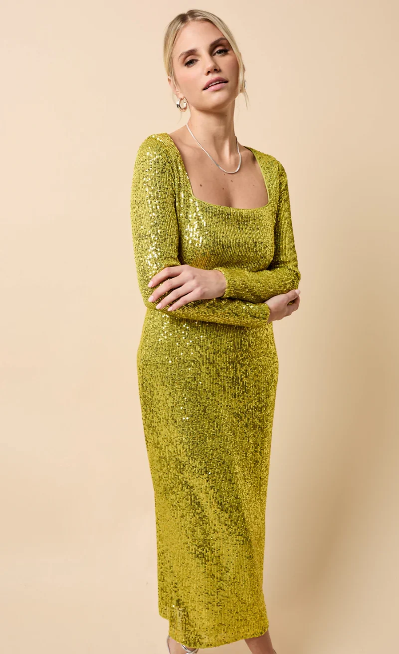 Solange Sequin Midaxi Dress (Lime) - Image 3