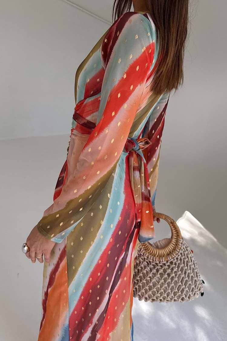 Sunset Stripe Mesh Midi Dress (Orange) - Image 5