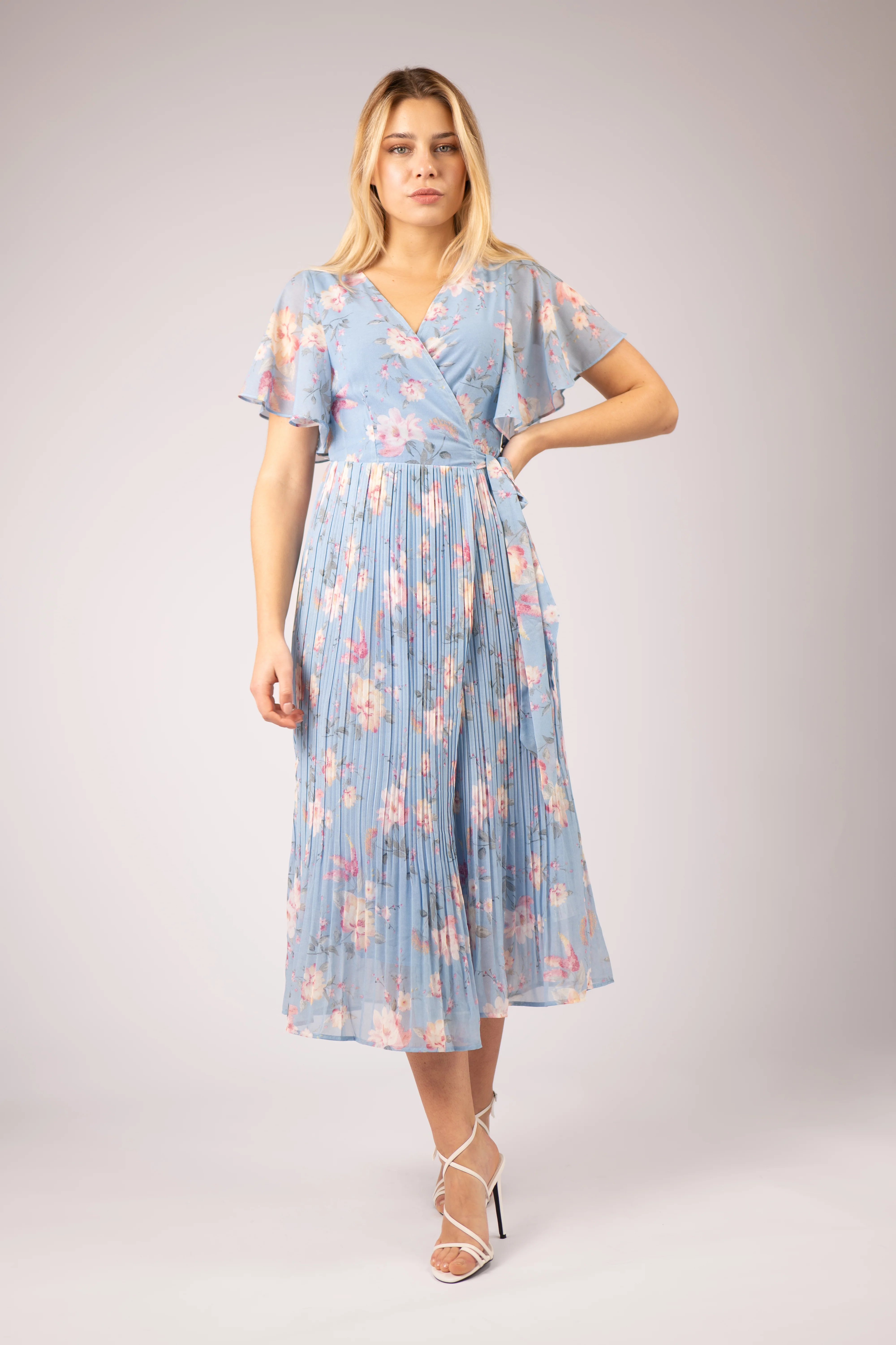 SUZI PLEATED LONG WRAP DRESS (BLUE) - Image 2