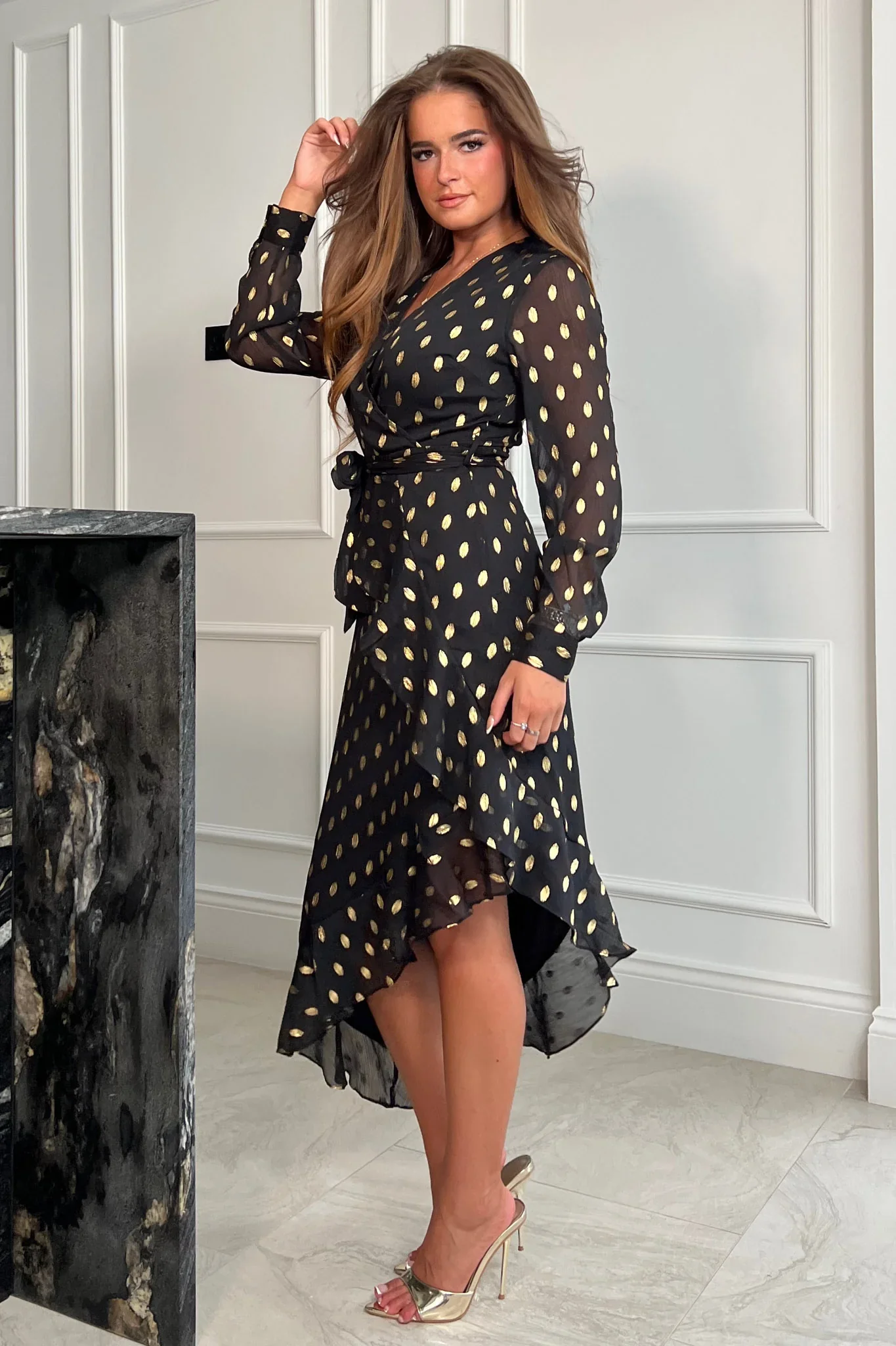 TANYA ASYMMETRIC MIDI DRESS (BLACK & GOLD) - Image 4