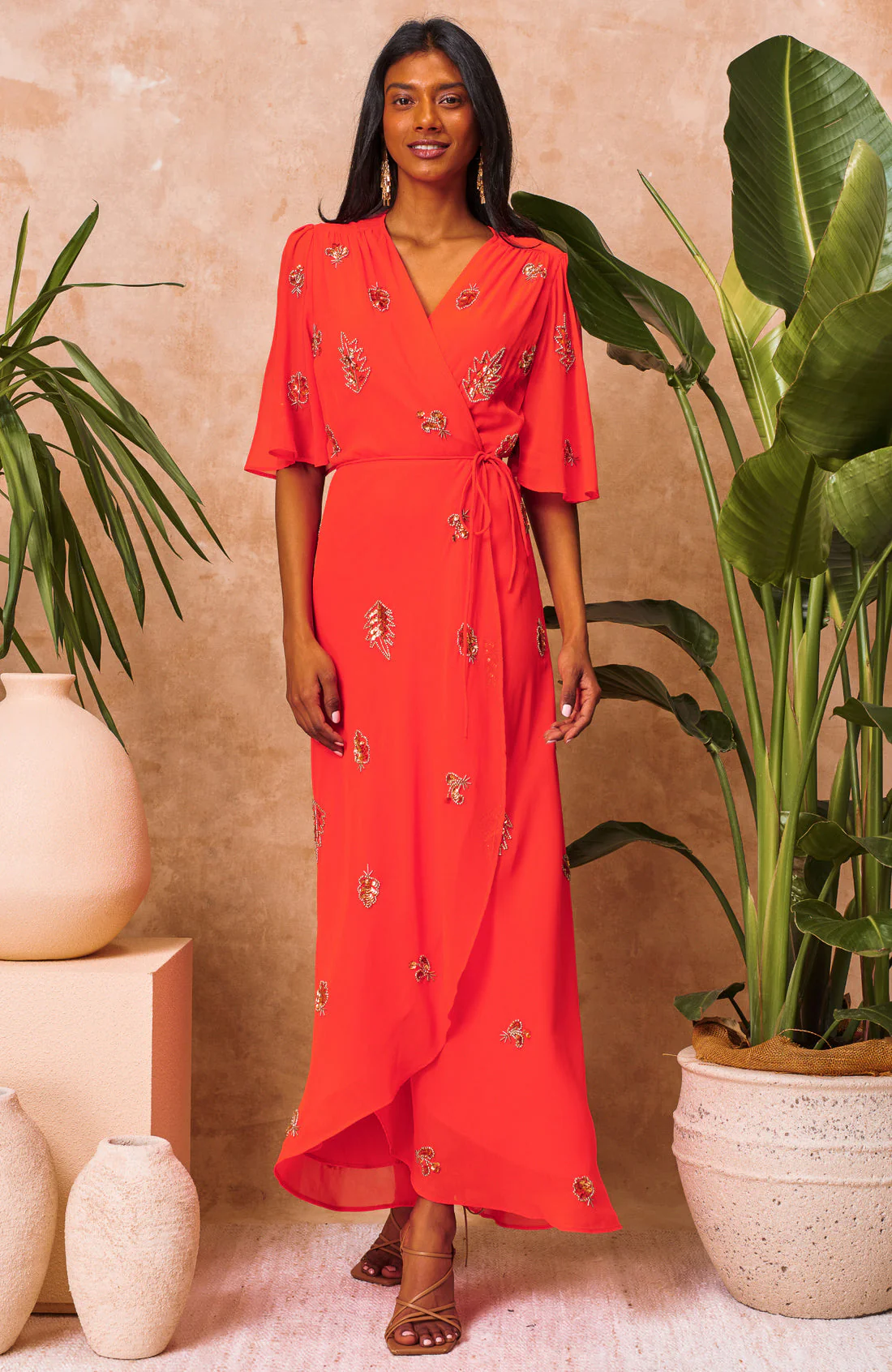 The Alana Embellished Flutter Sleeve Maxi Wrap Dress (Orange) - Image 2