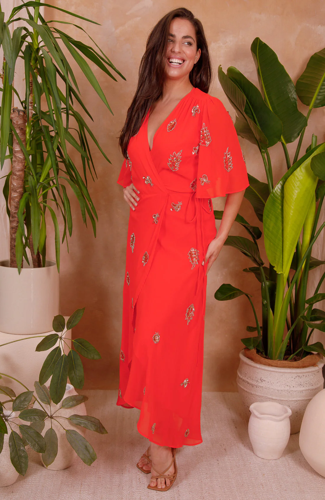 The Alana Embellished Flutter Sleeve Maxi Wrap Dress (Orange) - Image 3