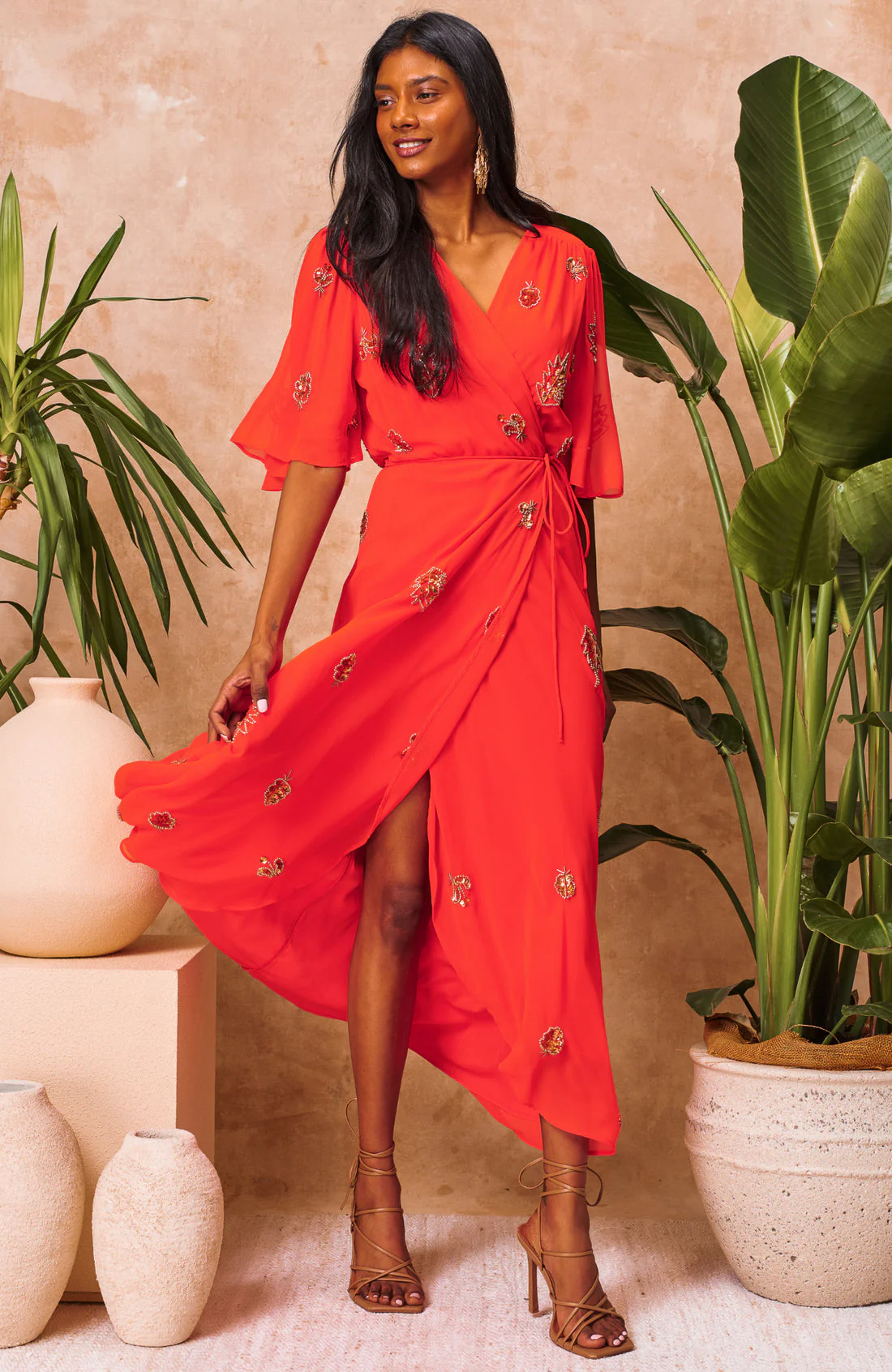 The Alana Embellished Flutter Sleeve Maxi Wrap Dress (Orange) - Image 4