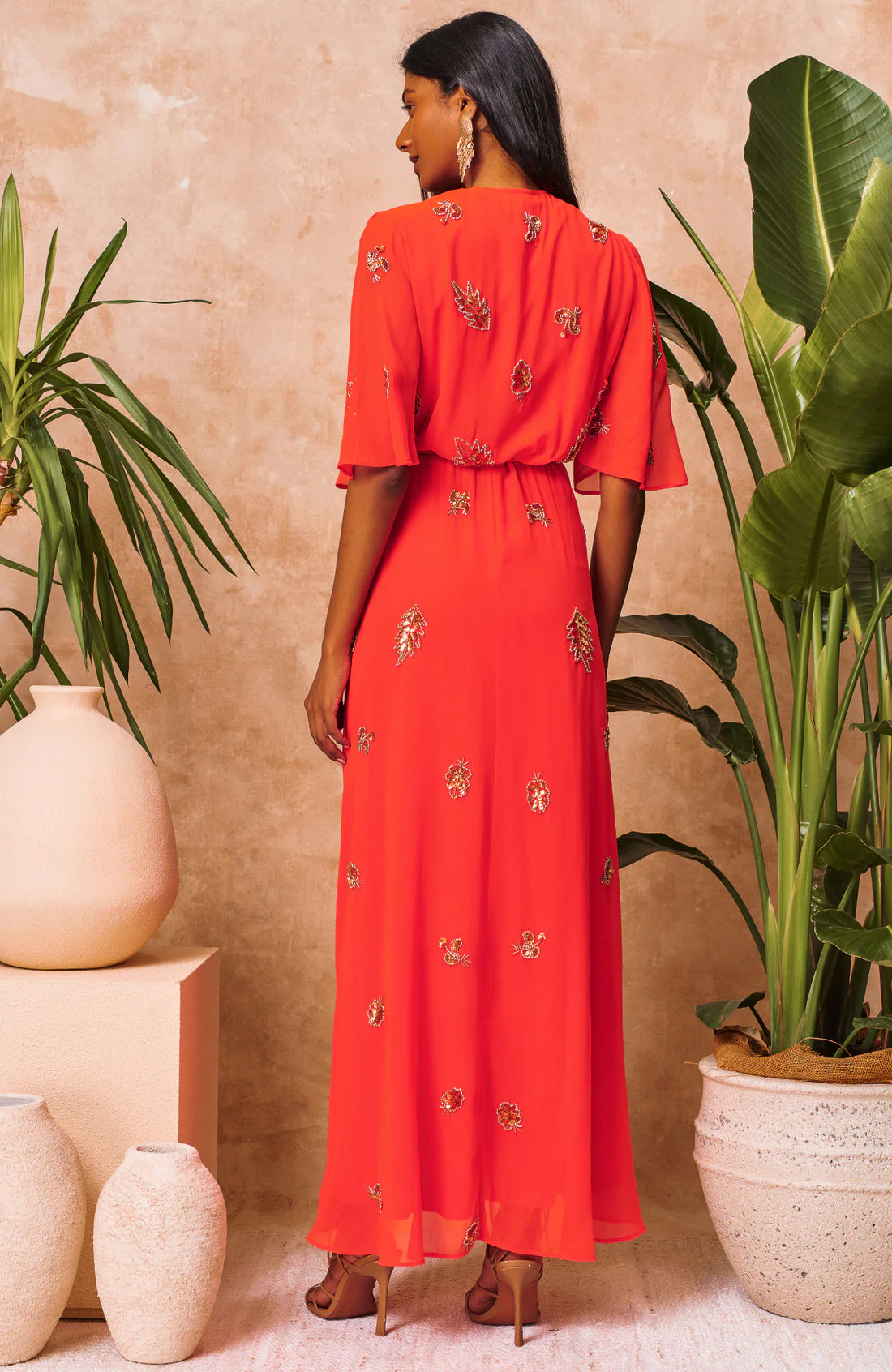 The Alana Embellished Flutter Sleeve Maxi Wrap Dress (Orange) - Image 5