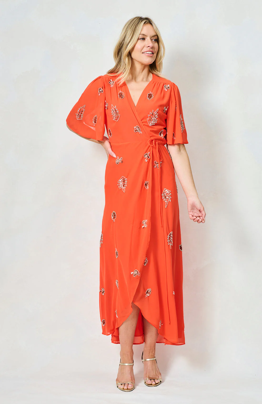 The Alana Embellished Flutter Sleeve Maxi Wrap Dress (Orange) - Image 7