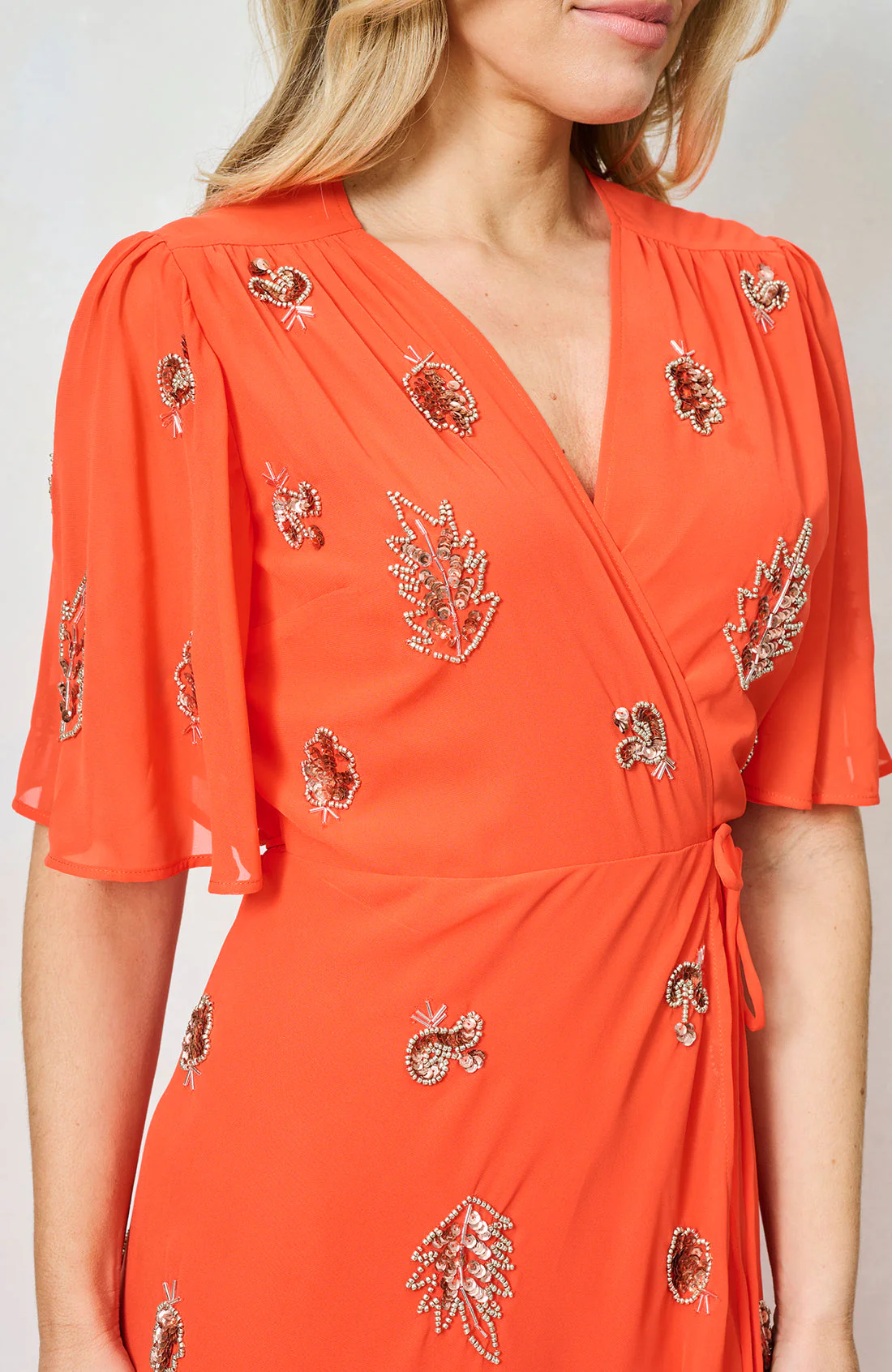 The Alana Embellished Flutter Sleeve Maxi Wrap Dress (Orange) - Image 8