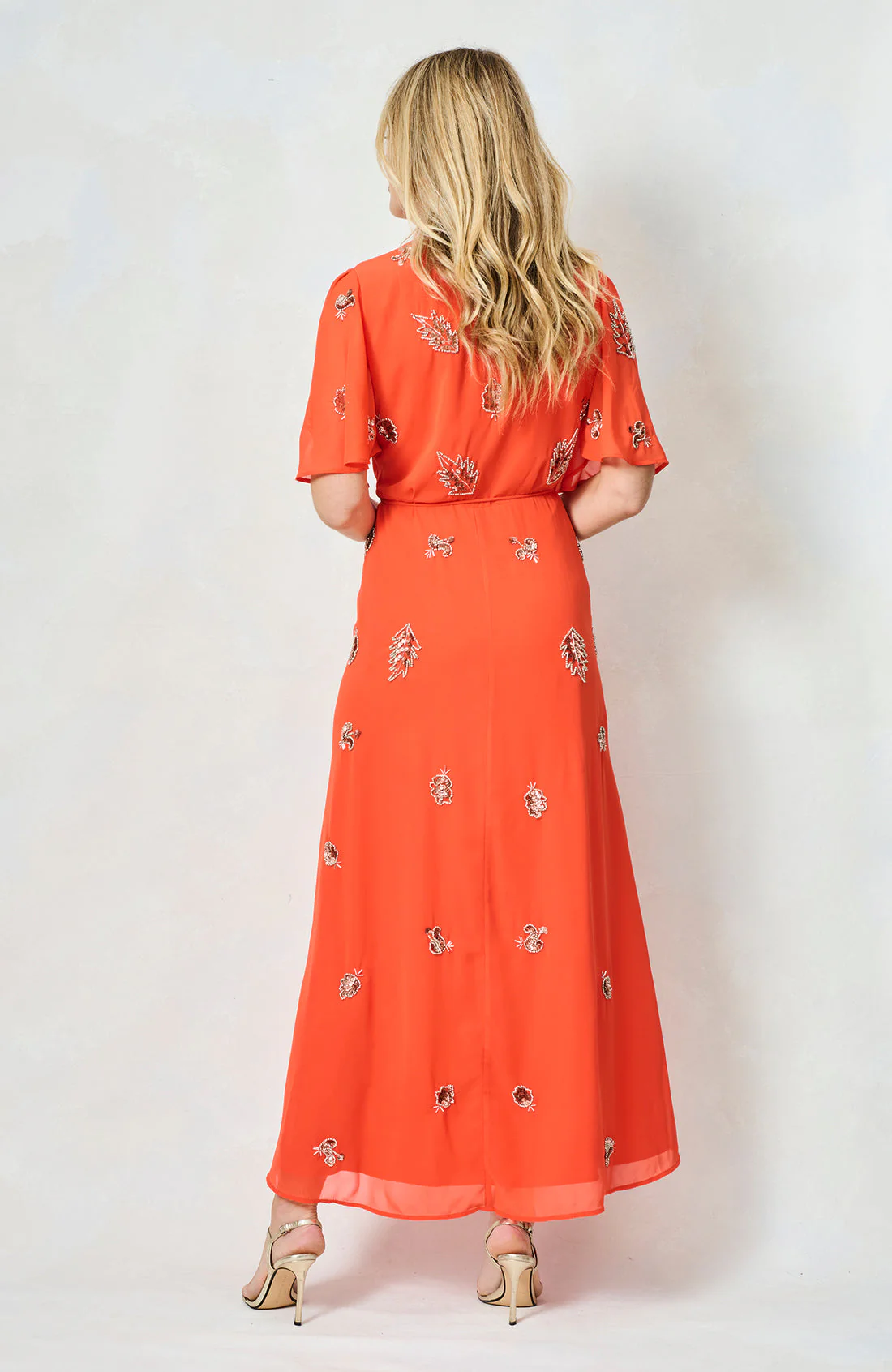 The Alana Embellished Flutter Sleeve Maxi Wrap Dress (Orange) - Image 9