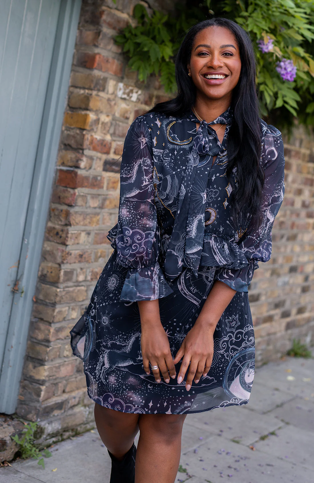 THE ALIDA EMBELLISHED TIE NECK RUFFLE MINI DRESS (NAVY) - Image 3