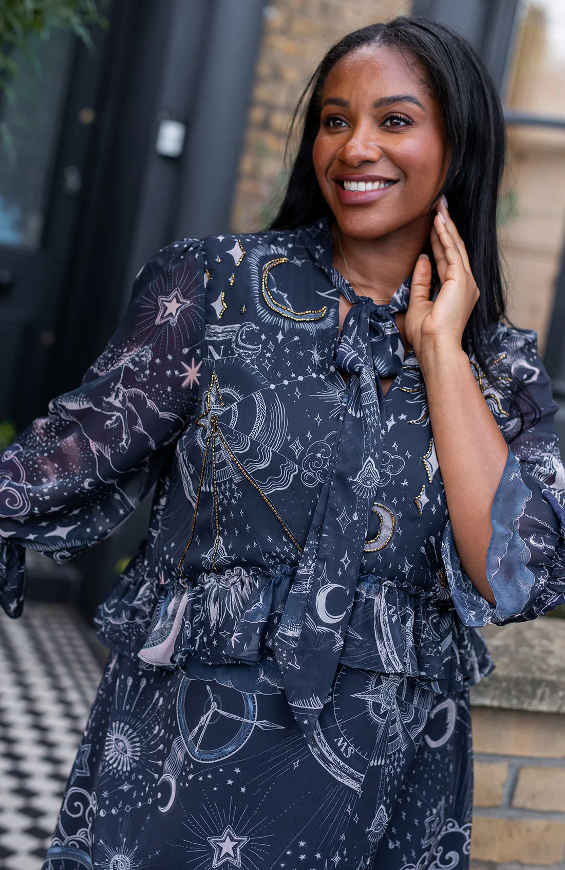 THE ALIDA EMBELLISHED TIE NECK RUFFLE MINI DRESS (NAVY) - Image 5