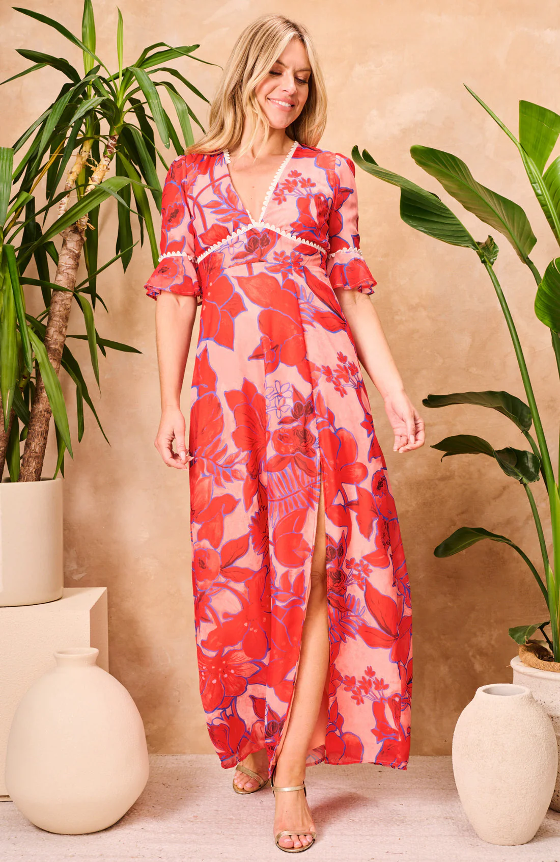 The Amaya Frill Sleeve Open Back Maxi Dress (Red) - Image 2