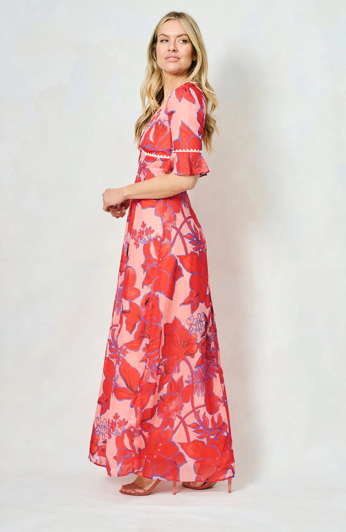 The Amaya Frill Sleeve Open Back Maxi Dress (Red) - Image 5