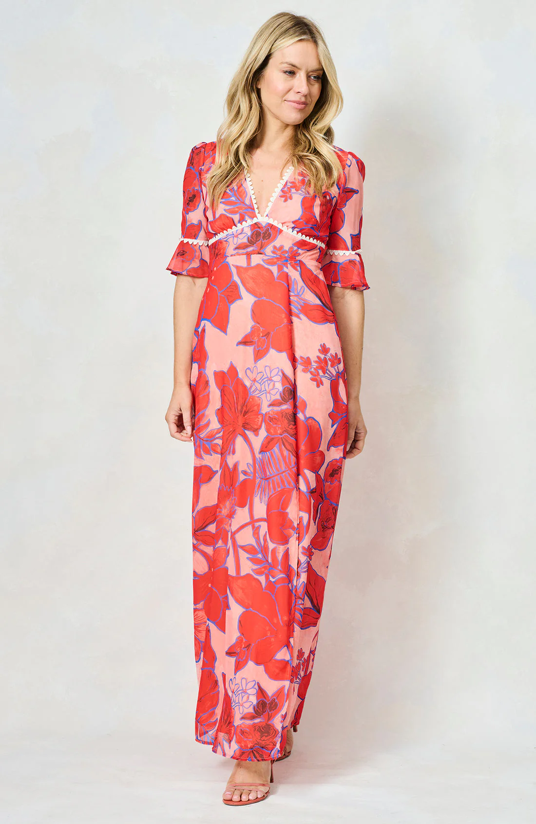 The Amaya Frill Sleeve Open Back Maxi Dress (Red) - Image 6
