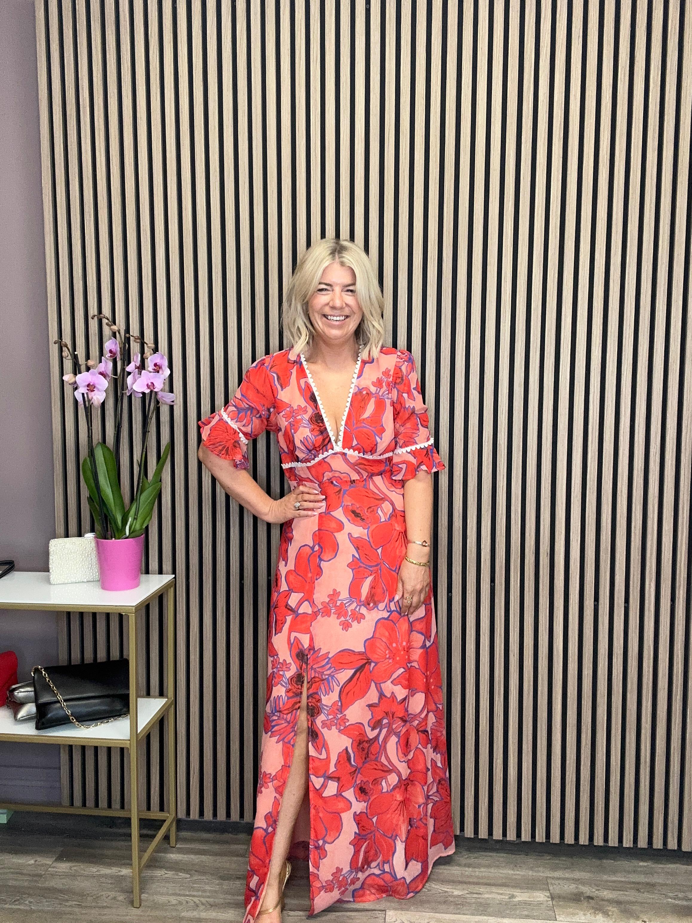 The Amaya Frill Sleeve Open Back Maxi Dress (Red) - Image 7
