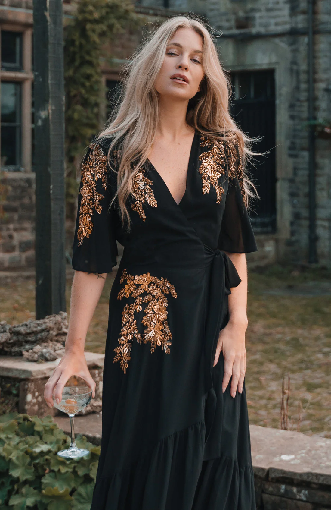 The Artemis Embellished Maxi Wrap Dress (Black/Gold) - Image 2