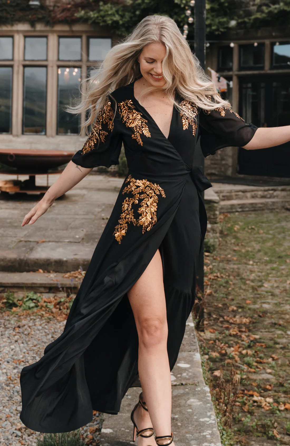 The Artemis Embellished Maxi Wrap Dress (Black/Gold) - Image 3