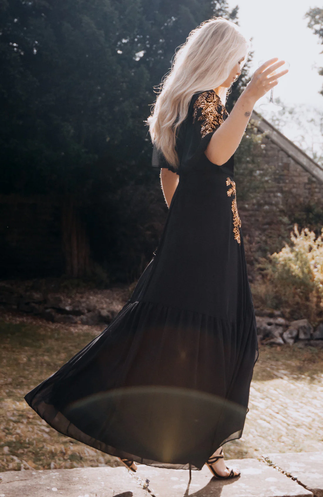 The Artemis Embellished Maxi Wrap Dress (Black/Gold) - Image 5